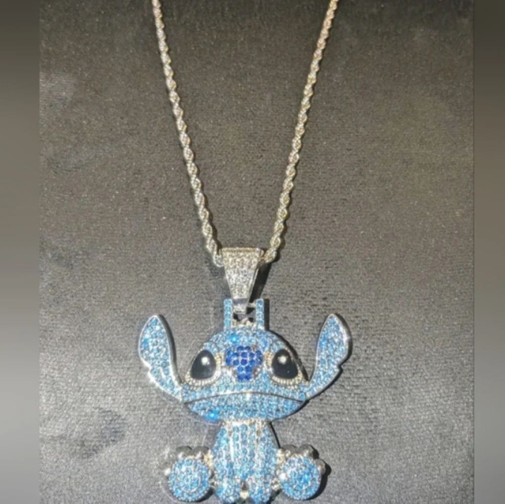 Stitch Character Rhinestone Pendant On Silver Tone Hip Hop Necklace 24